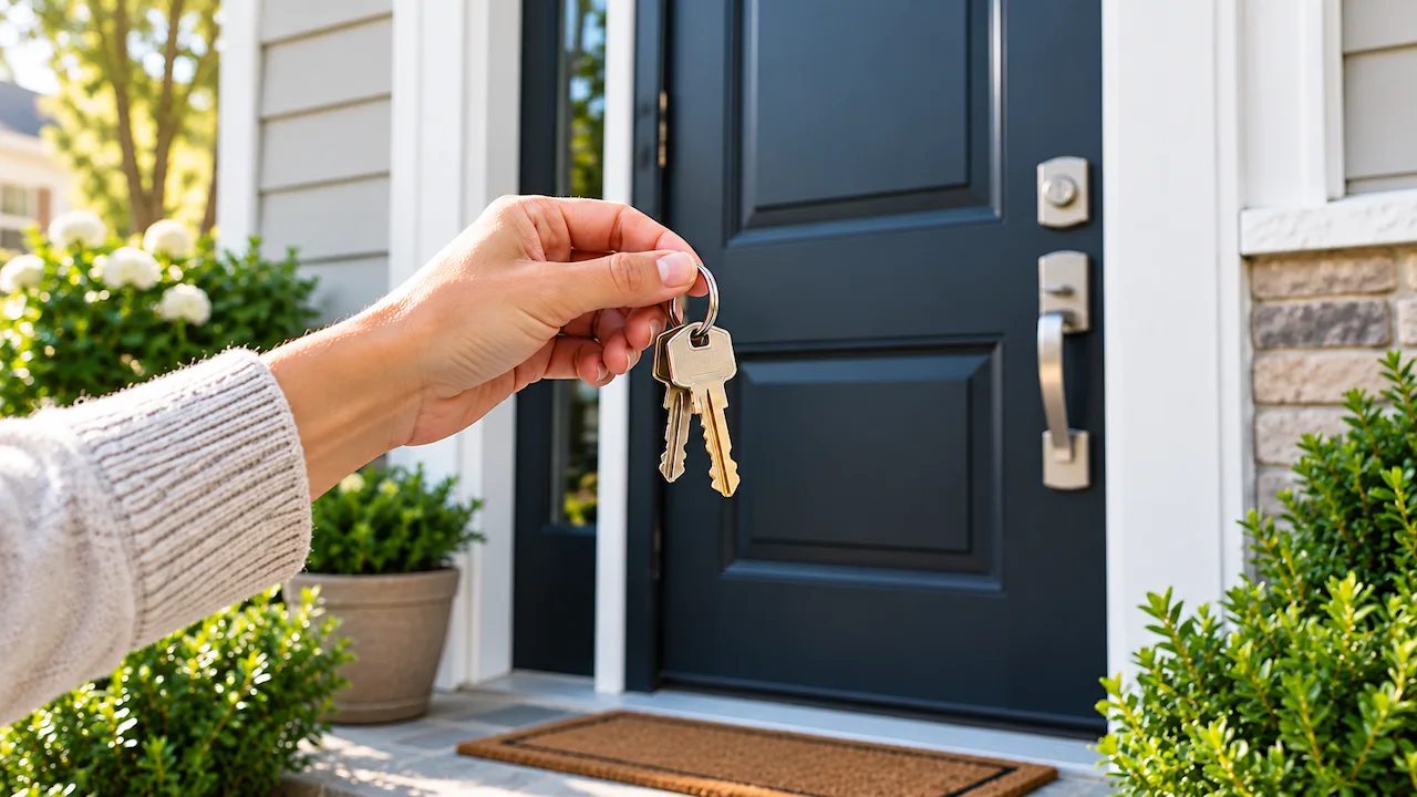 New homeowner holding house keys beside a front door in McKinney.