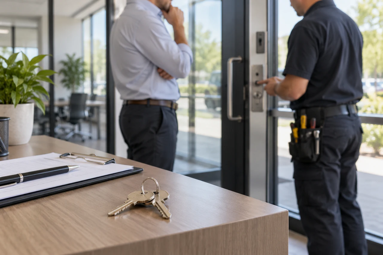 Business owner reviewing office keys with a locksmith after an employee departure