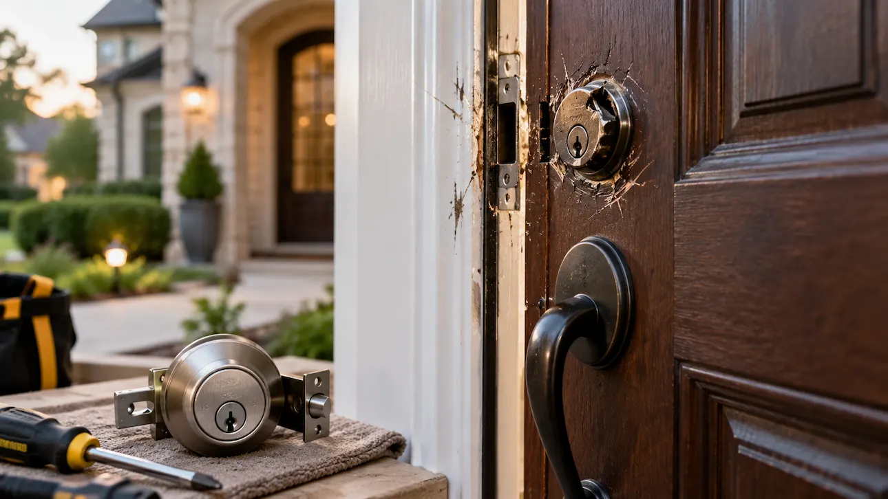 "Damaged front door lock after a break-in attempt with replacement deadbolt hardware and tools ready for home security repair."