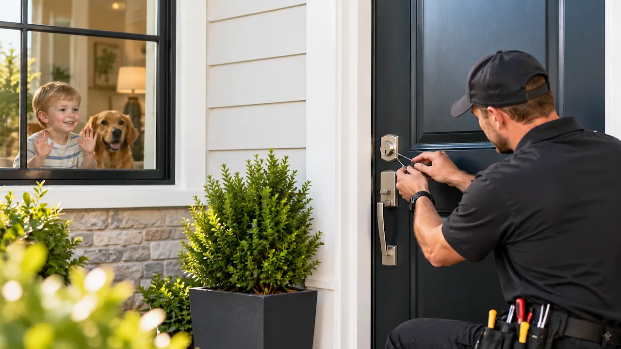 Emergency locksmith unlocking a house door in McKinney, TX, while a child and dog wait safely inside.